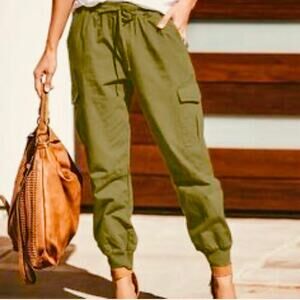 Gabby Isabella Women’s Khaki Green Drawstring Cargo Pocket Jogger Pants SMALL